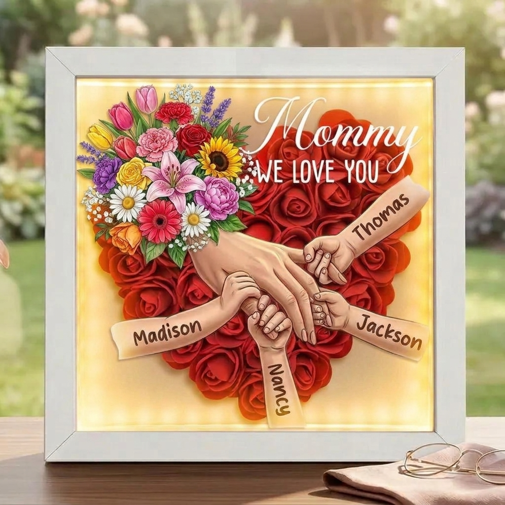 "Mixed Bouquet"-Personalized Mom Holding Hands Flower Shadow Box-Mother&