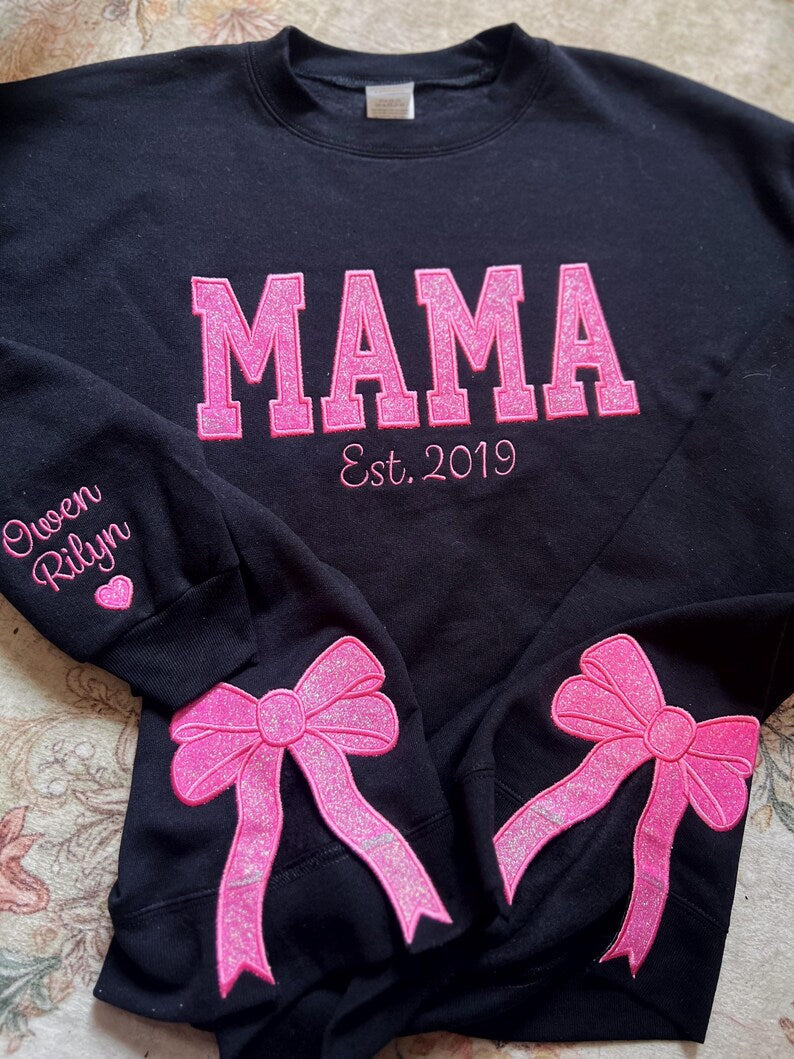 Custom Trendy and Cute Mama Embroidered Glitter Side Bow Sweatshirt | Mother&
