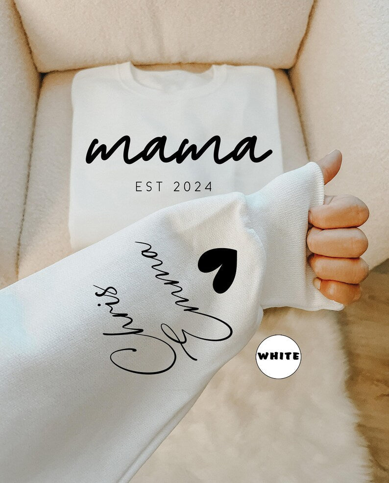 Personalized Mom and Est. Date Heat Transfer Print Sweatshirt with Kids Name on Sleeve | Mother&