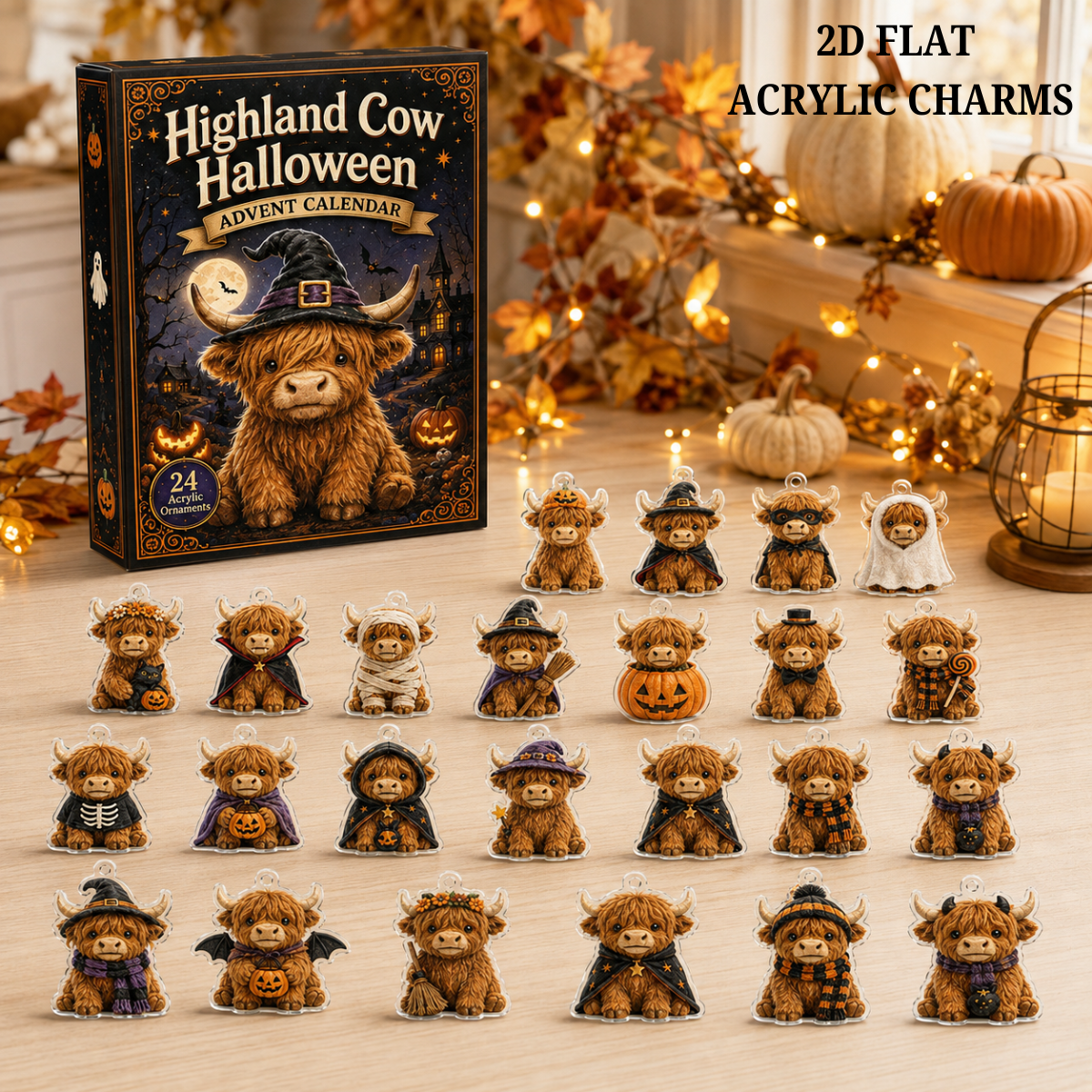 Highland Cow Halloween Advent Calendar 2026 - 24-Day Festive Countdown, Acrylic Charms Blind Box - Gift For Cute Collectors