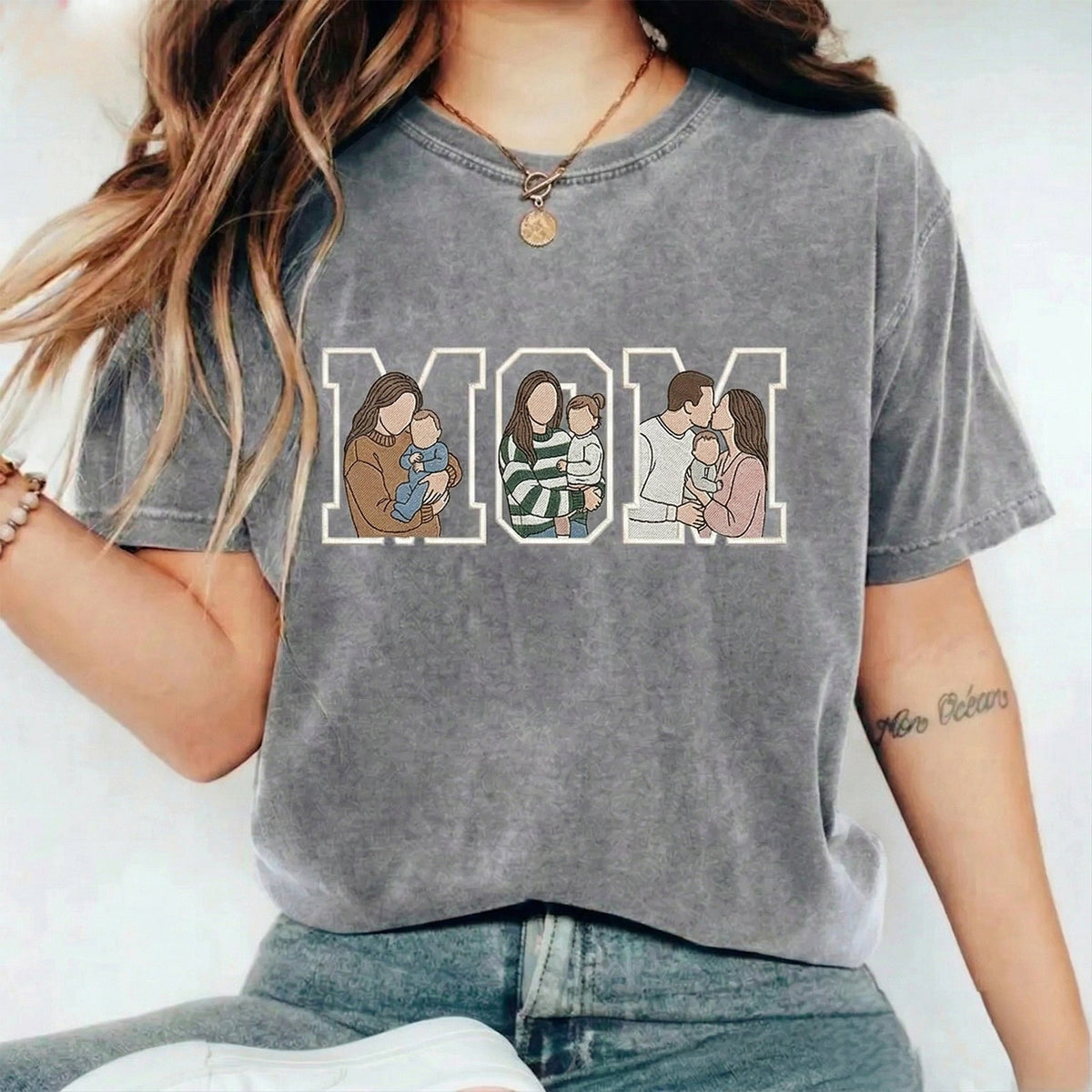 Custom Photo Portrait Embroidery Washed Sweatshirt, Gift For Mum/Family