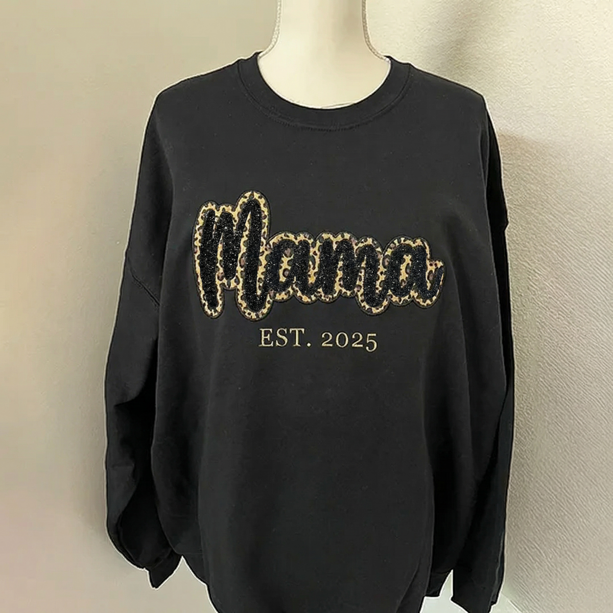 Custom Leopard Glitter MAMA Sweater Hoodie with Embroidery Gift for Mom
