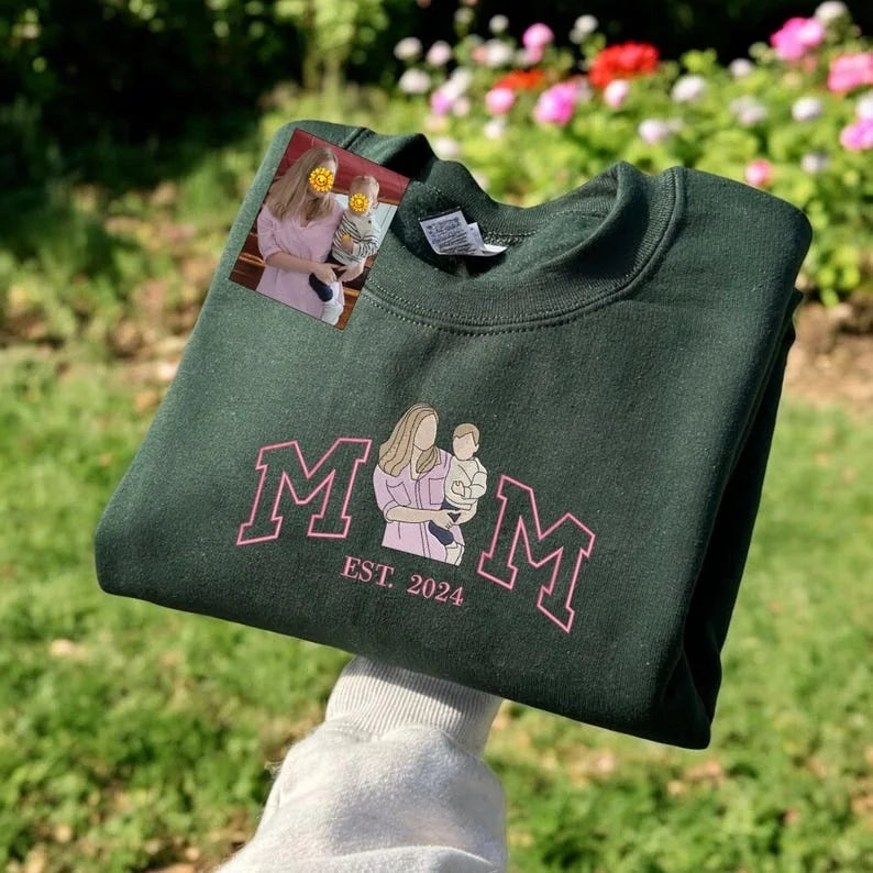 Custom Embroidered Photo Mom and Kids Family Portrait Sweatshirt | Mother&