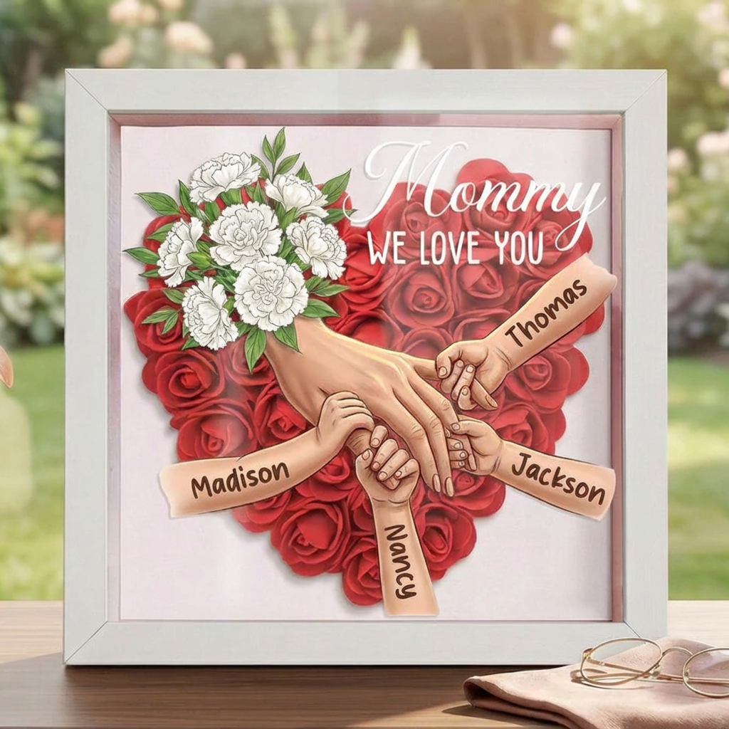 "White Carnation"-Personalized Mom Holding Hands Memorial Shadow Box-Mother&