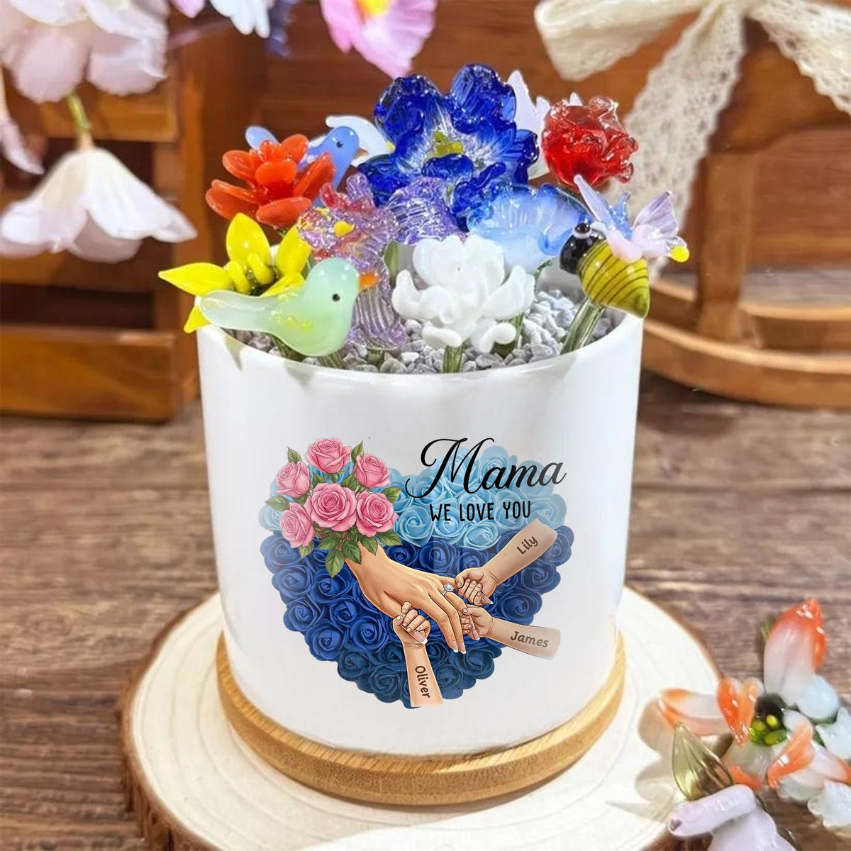 Personalized Large Pink Roses Plant Pot-Personalized Mom Holding Hands|Best Mother&