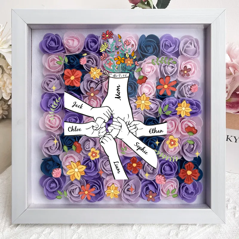 Personalized Flower Shadow Box, hand holding with many flowers- Mother&
