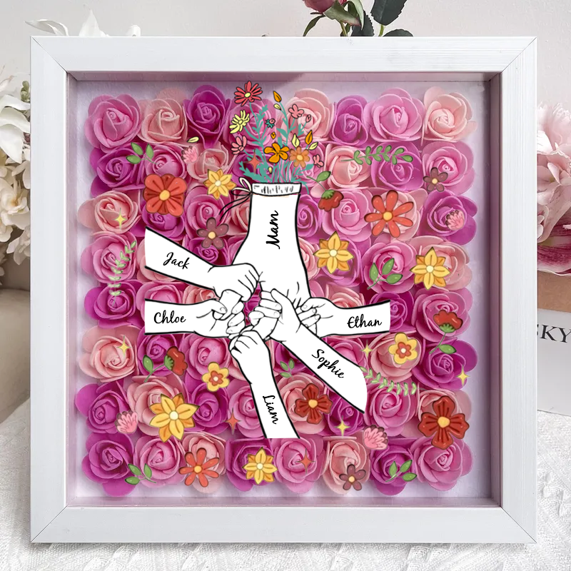 Personalized Flower Shadow Box, hand holding with many flowers- Mother&
