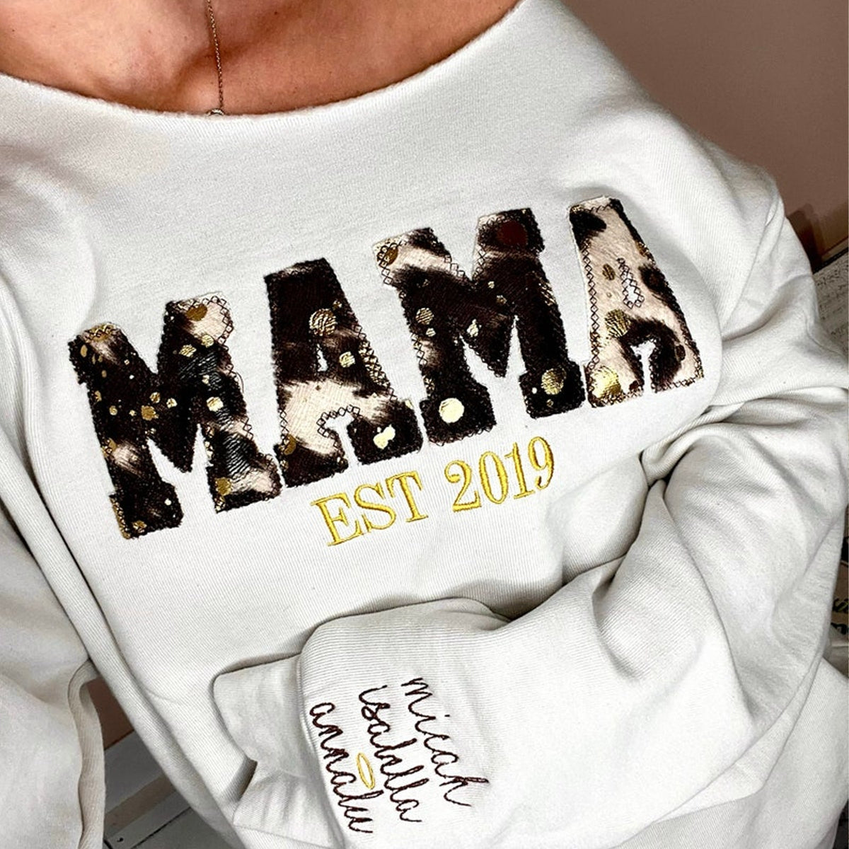 Custom Embroidered Cow Print MAMA Sweatshirt | Mother’s Day Gift