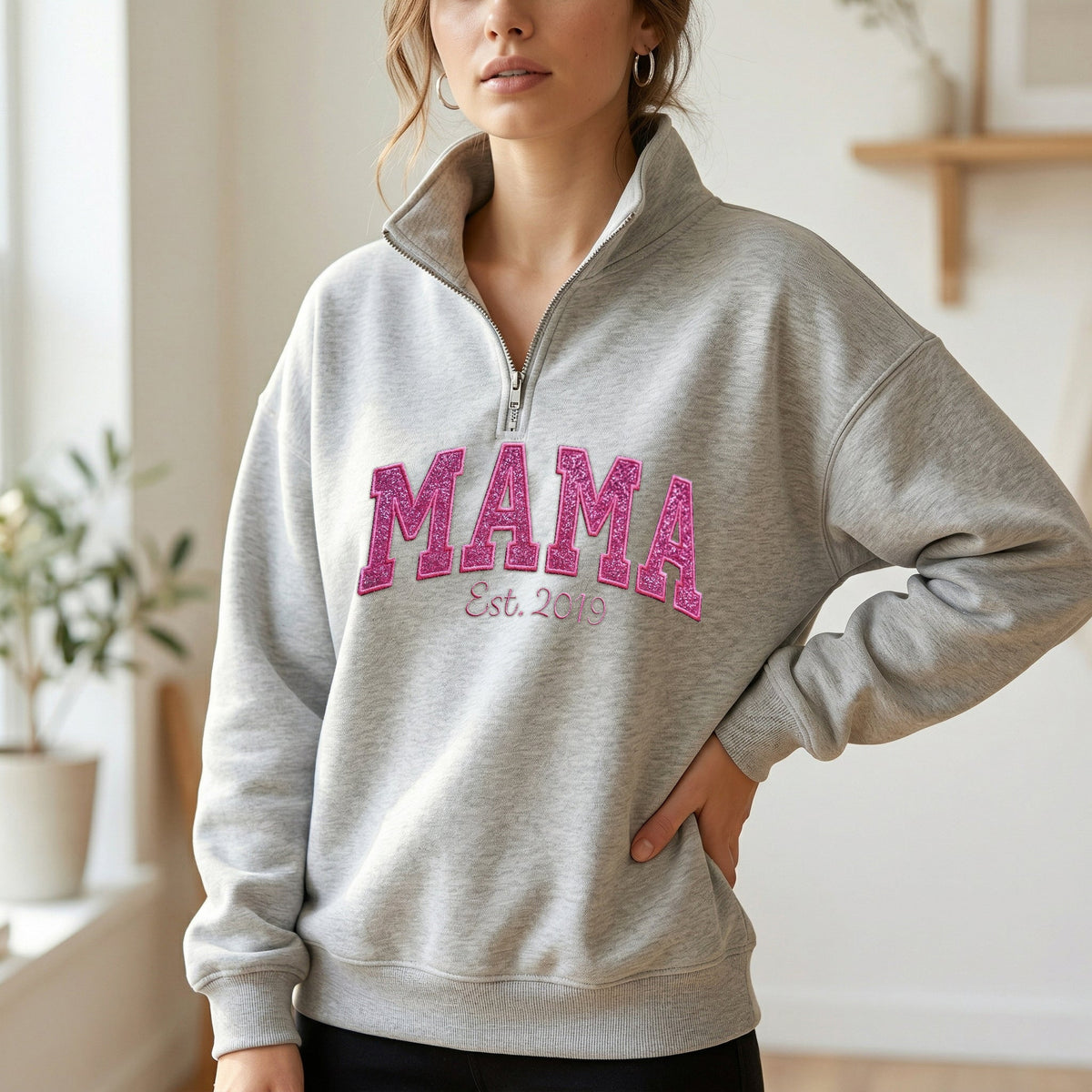 Custom Embroidered Applique Glitter Mama Quarter Zip Sweater - Gift for Mom