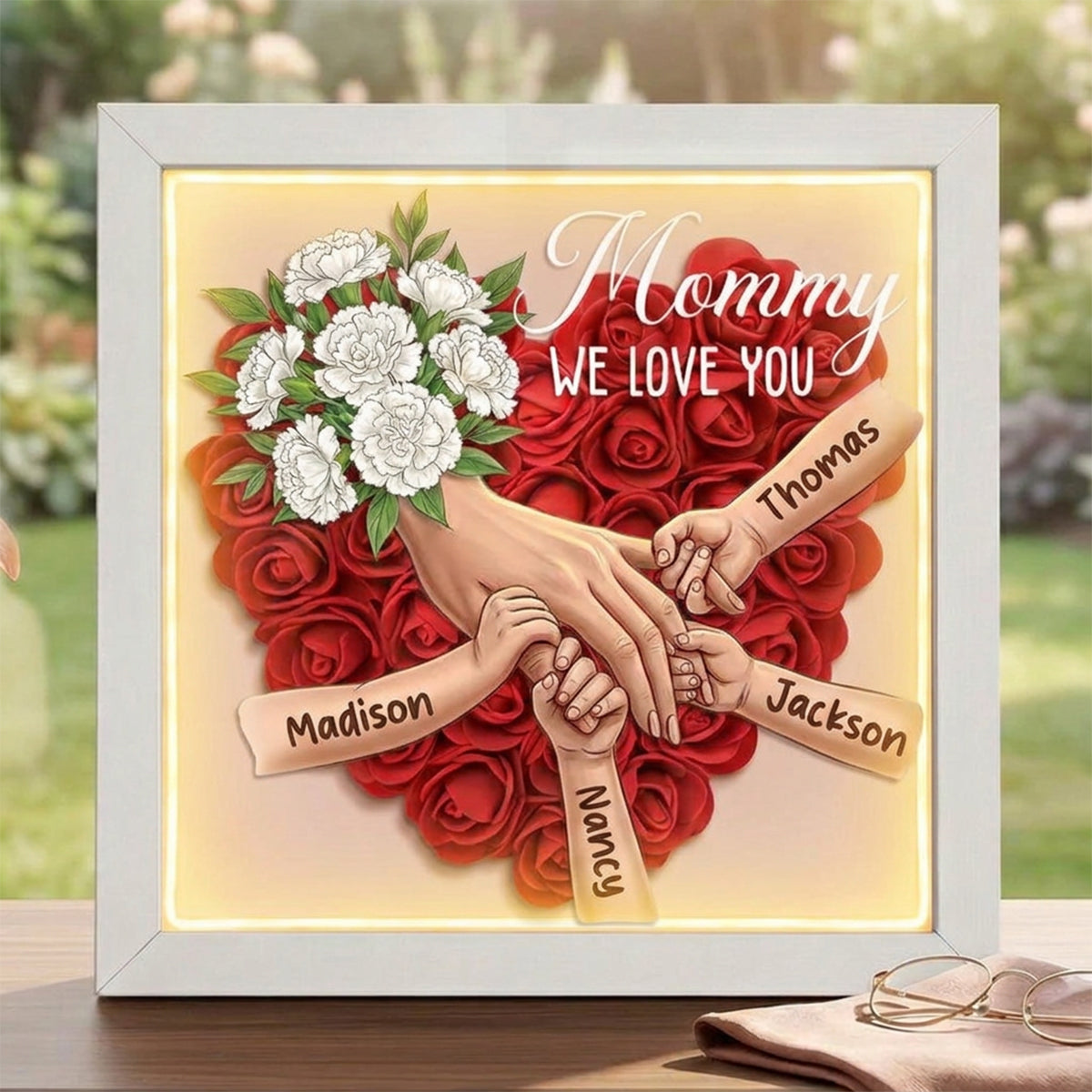 "White Carnation"-Personalized Mom Holding Hands Memorial Shadow Box-Mother&