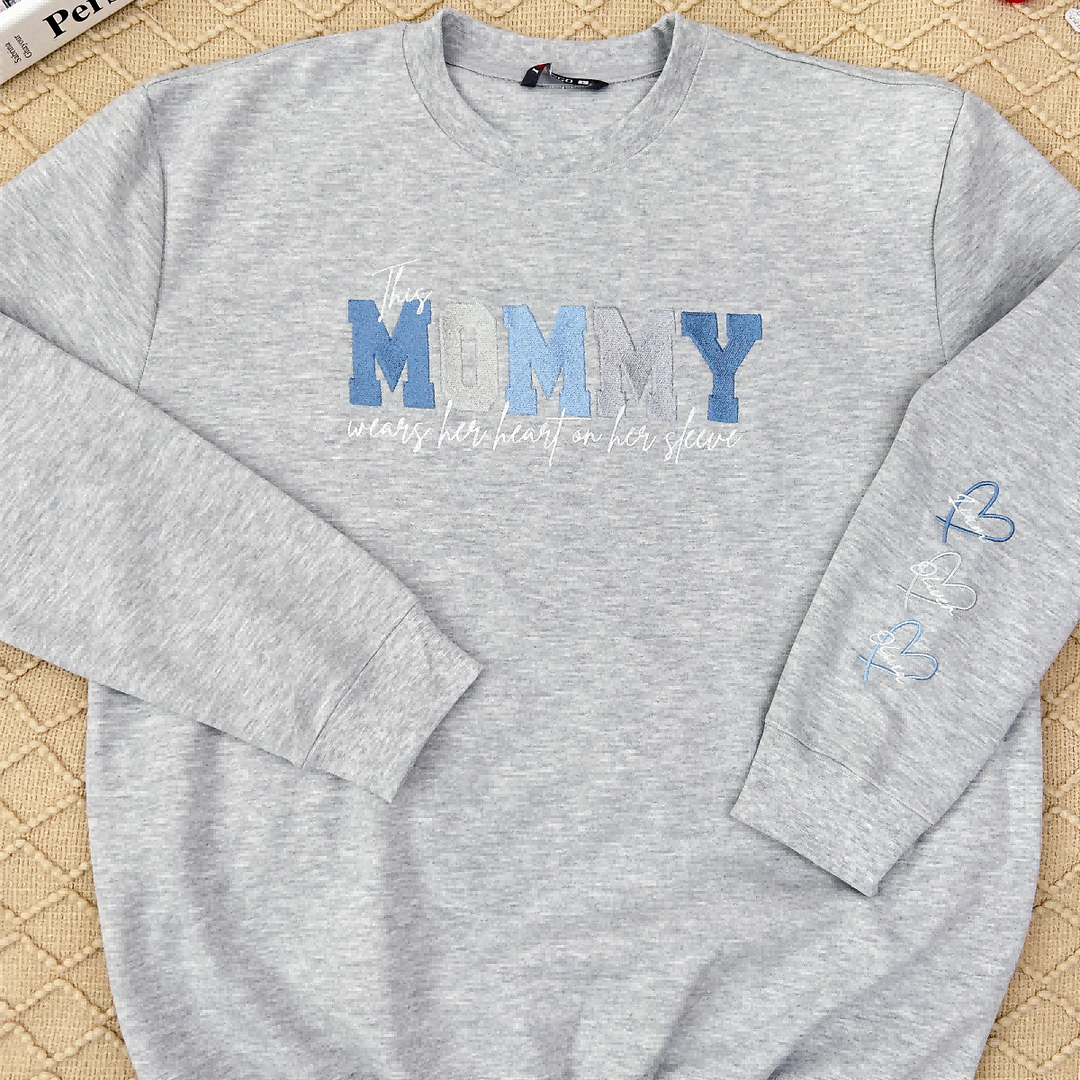 Wears Your Heart on Your Sleeve - Embroidered Mama Sweatshirt with Kids’ Names | Mother's Day Gift for Mom & Grandma