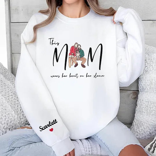 Custom Photo Mom Wears Her Heart On Her Sleeve Embroidered Sweatshirt