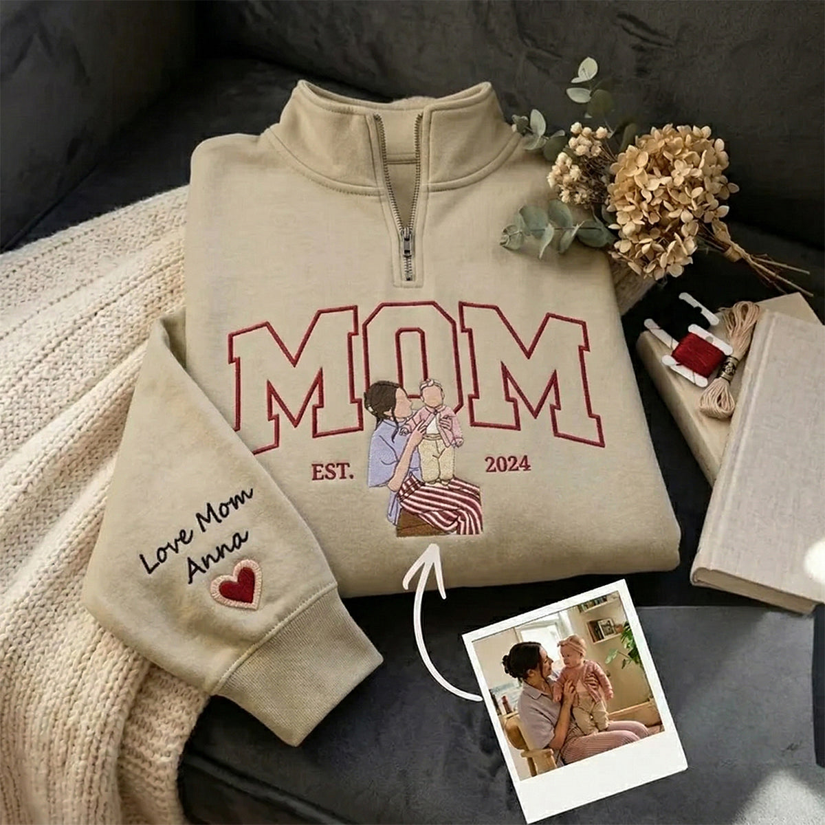 Custom Mama Sweatshirt with Photo - Personalized Embroidered Quarter Zip Pullover | Mother&
