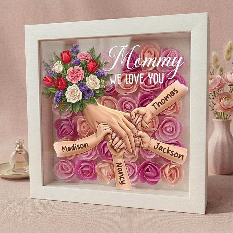 "Tulips, White Roses, and Carnations"-Personalized Mom Holding Hands Flower Shadow Box-Mother&