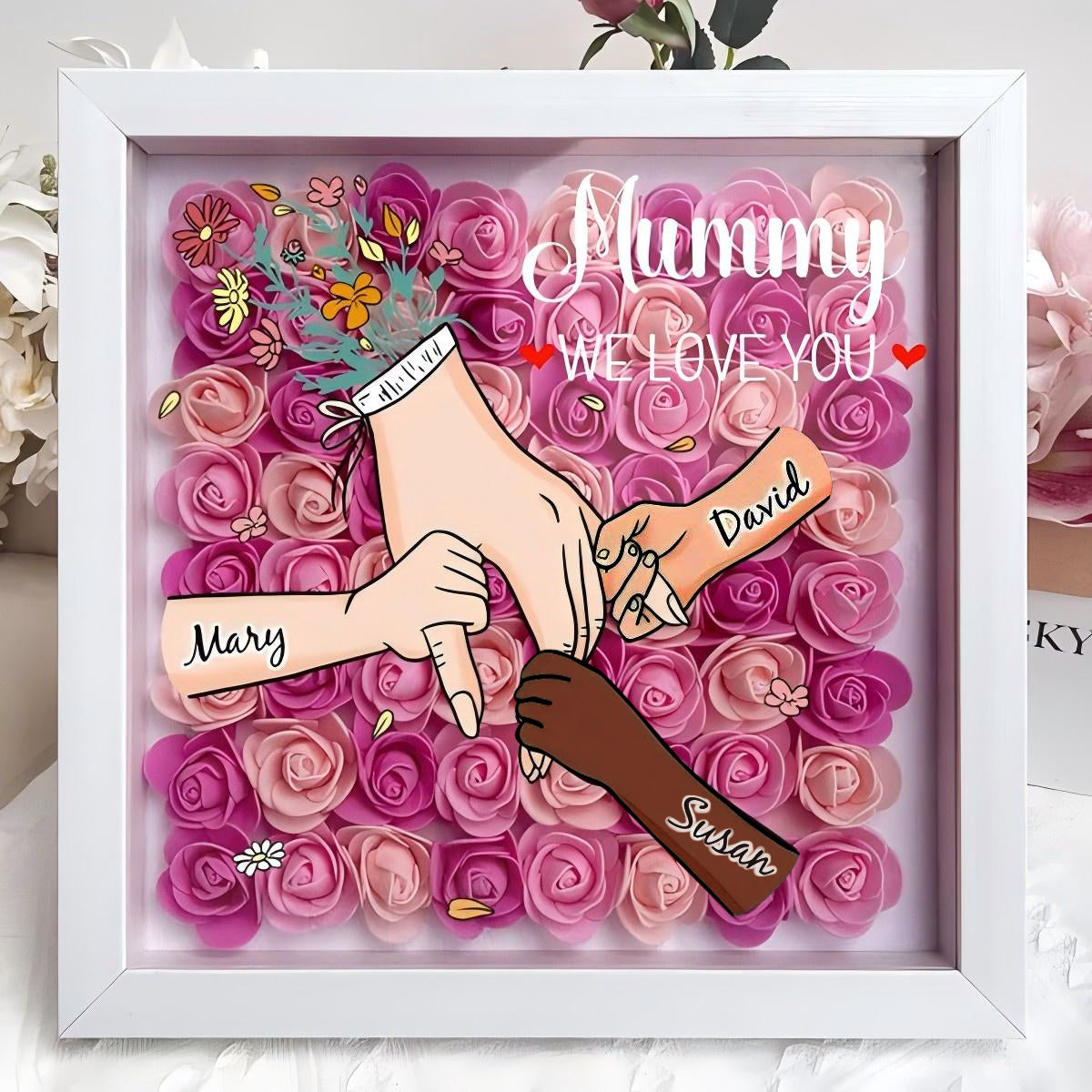 Custom Hand Holding Family Flower Shadow Box with Multiracial Family-Different Skin Tones | Mother’s Day gift