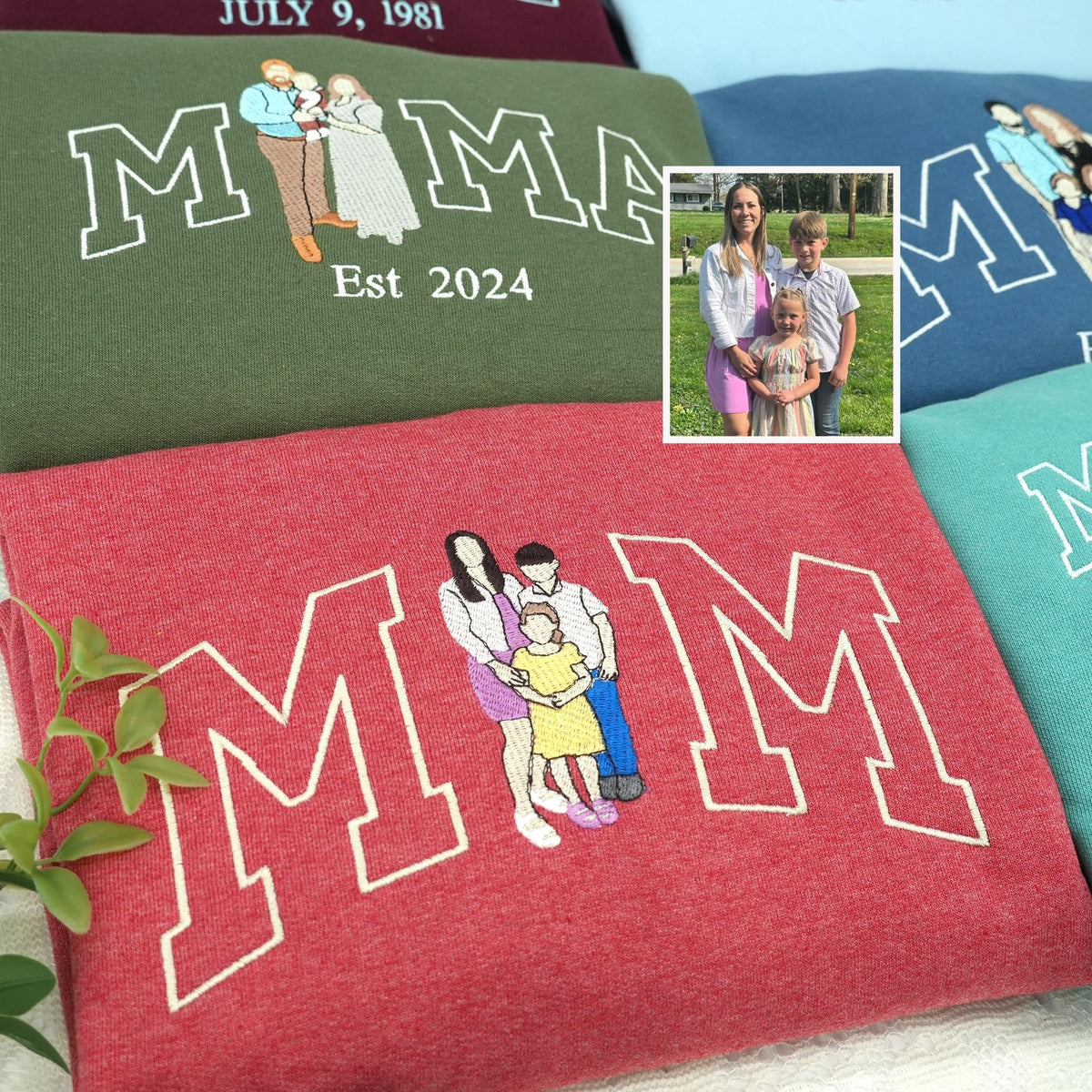 Custom Embroidered Photo Mom and Kids Family Portrait Sweatshirt | Mother&