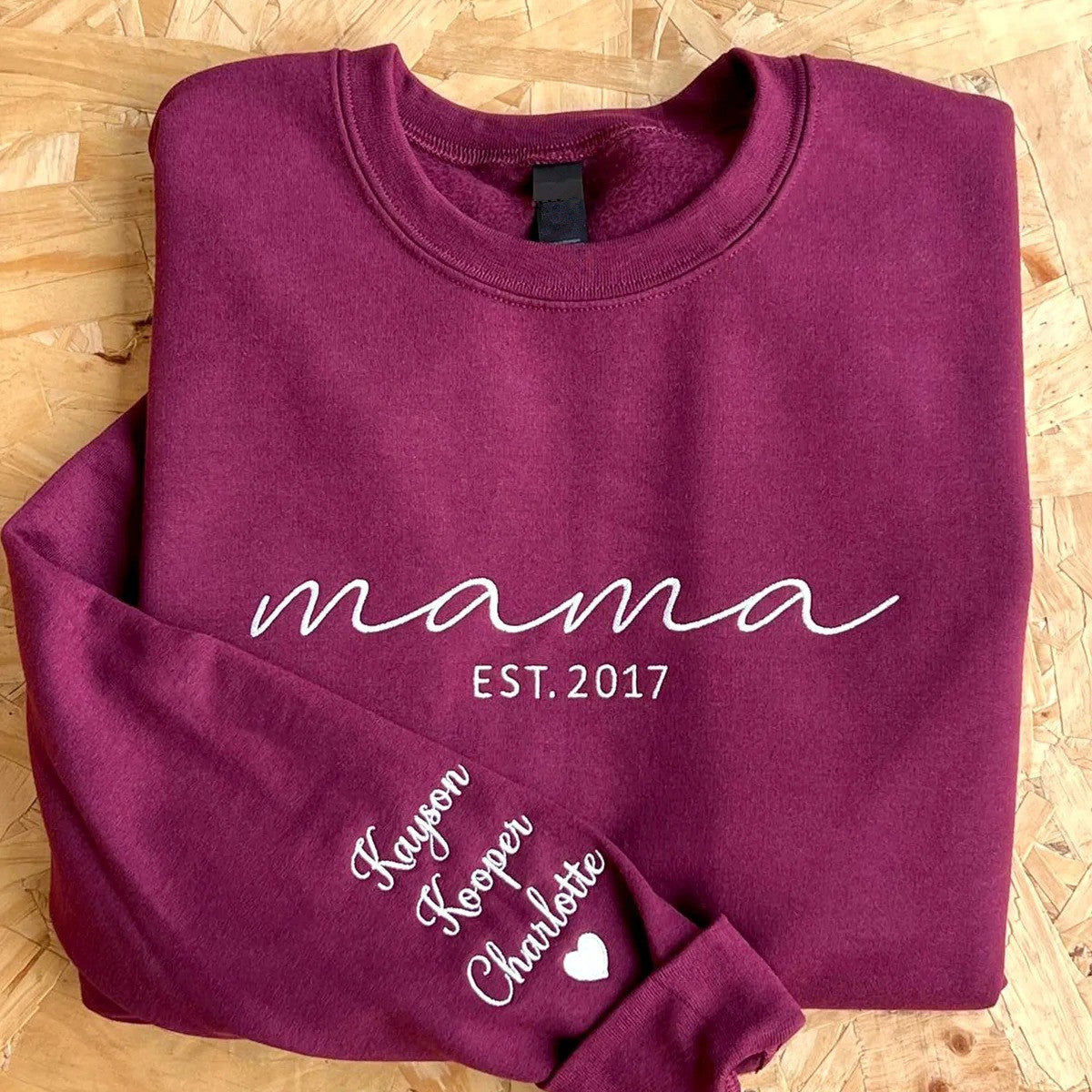 Custom Embroidered Mama Sweatshirt with Date and Kids Names on Sleeve Christmas Gift for Mom | Mother&