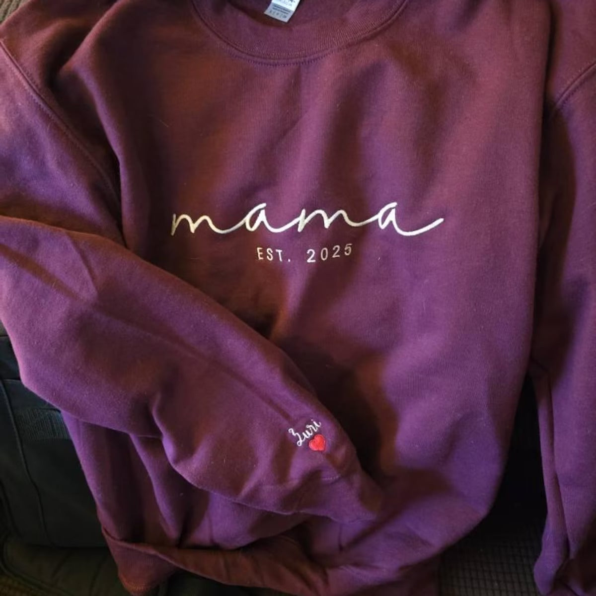 Custom Embroidered Mama Est Year Sweatshirt | Name On Sleeve With Heart, Grandma Shirt With Date | Gift For New Mom, Mothers Day Gift