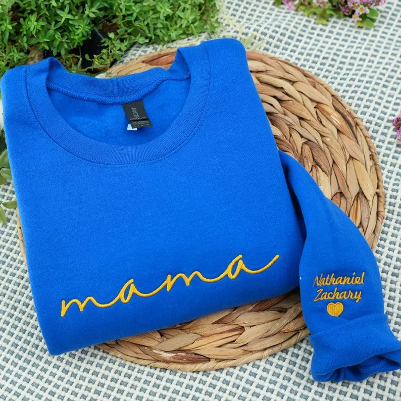 Custom mama Embroidered Sweatshirt with Kids Names on Sleeves Mother&