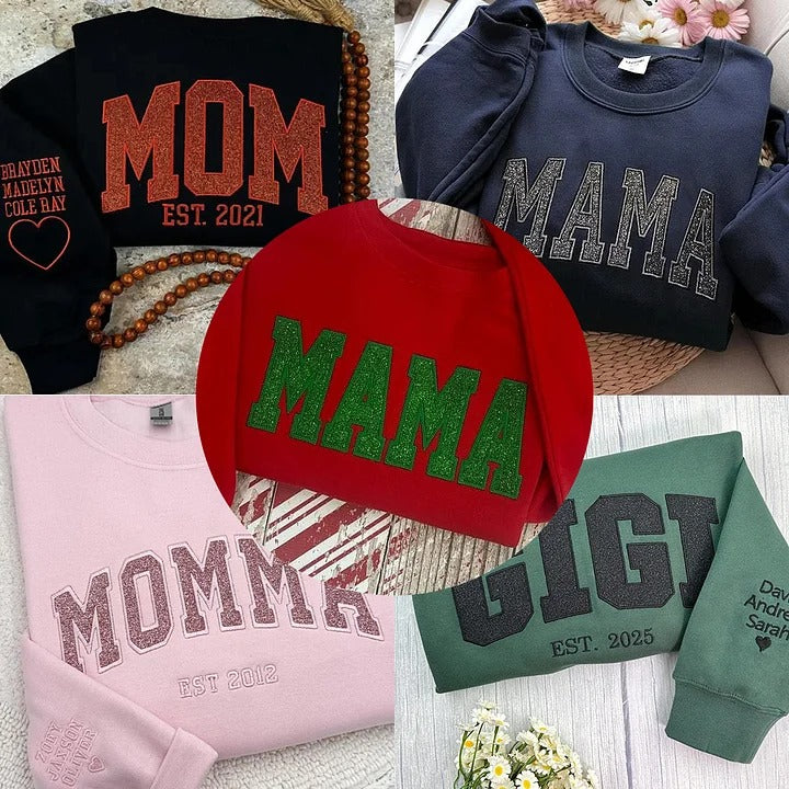 Custom Embroidered Applique Glitter Mama Sweatshirt - Gift for Mom