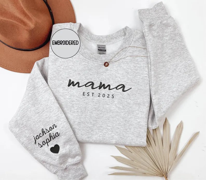Custom mama Embroidered Sweatshirt with Kids Names on Sleeves Mother&