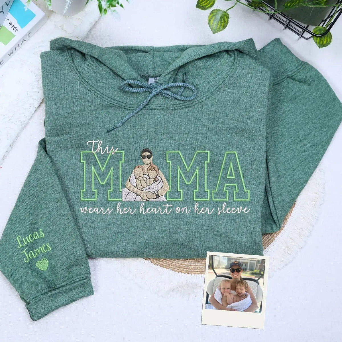 Custom This Mama Wears Her Heart On Her Sleeve Photo Embroidered Sweatshirt, Mother&