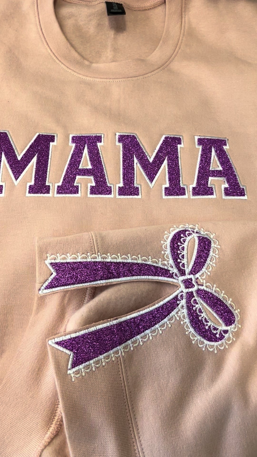 Custom Glitter Embroidered Lace Side Bow Mama Sweatshirt | Mother&