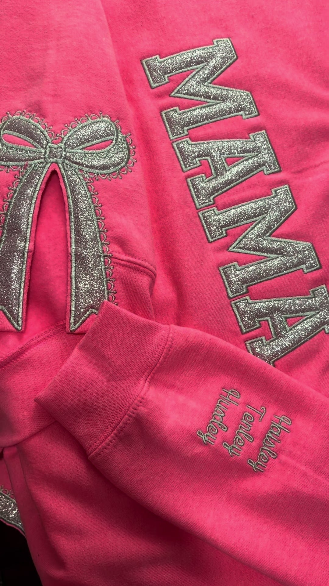 Custom Glitter Embroidered Lace Side Bow Mama Sweatshirt | Mother&