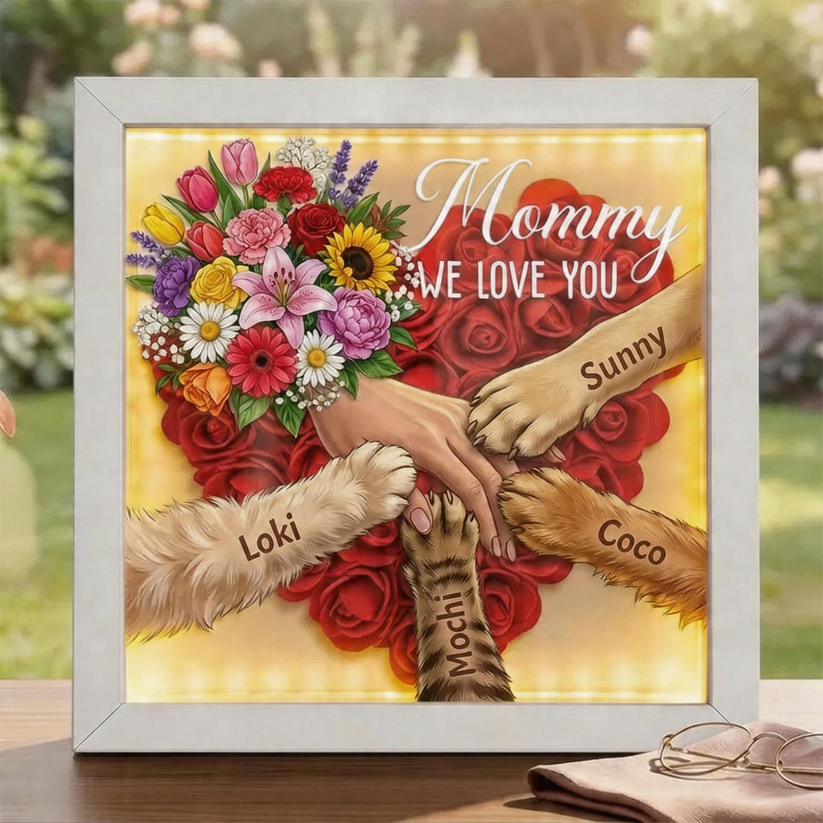 "Mixed Bouquet"-Personalized Pet Paw & Human Hand Holding Shadow Box-Mother&