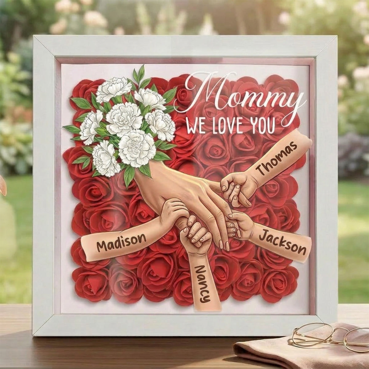 "White Carnation"-Personalized Mom Holding Hands Memorial Shadow Box-Mother&