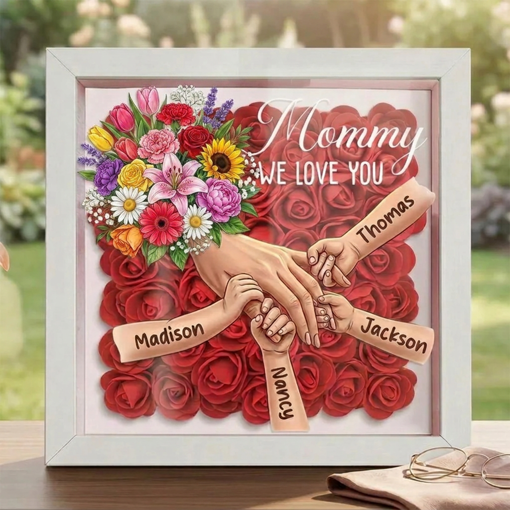 "Mixed Bouquet"-Personalized Mom Holding Hands Flower Shadow Box-Mother&