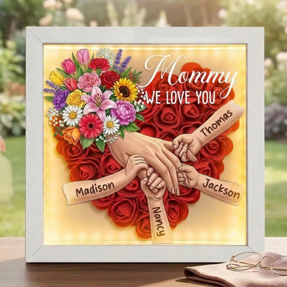 "Mixed Bouquet"-Personalized Mom Holding Hands Flower Shadow Box-Mother's Day Remembrance Frame, In Loving Memory Gift