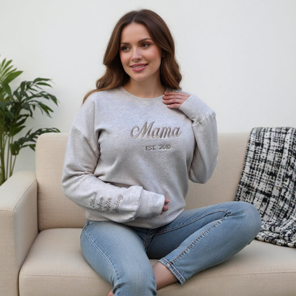 Custom Mama Embroidered Sweatshirt – Personalized Kids Names Sleeve &amp; Est. Year Crewneck
