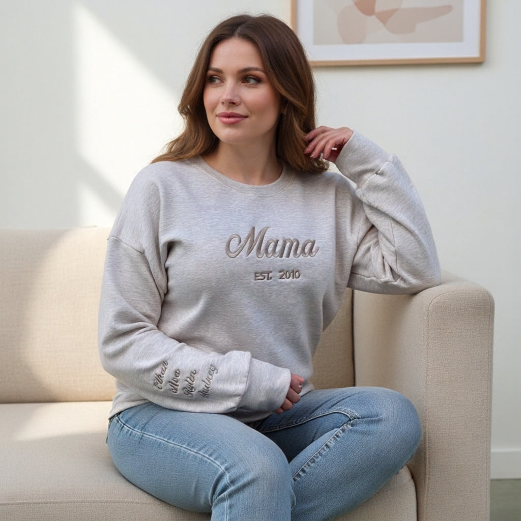 Custom Mama Embroidered Sweatshirt – Personalized Kids Names Sleeve &amp; Est. Year Crewneck