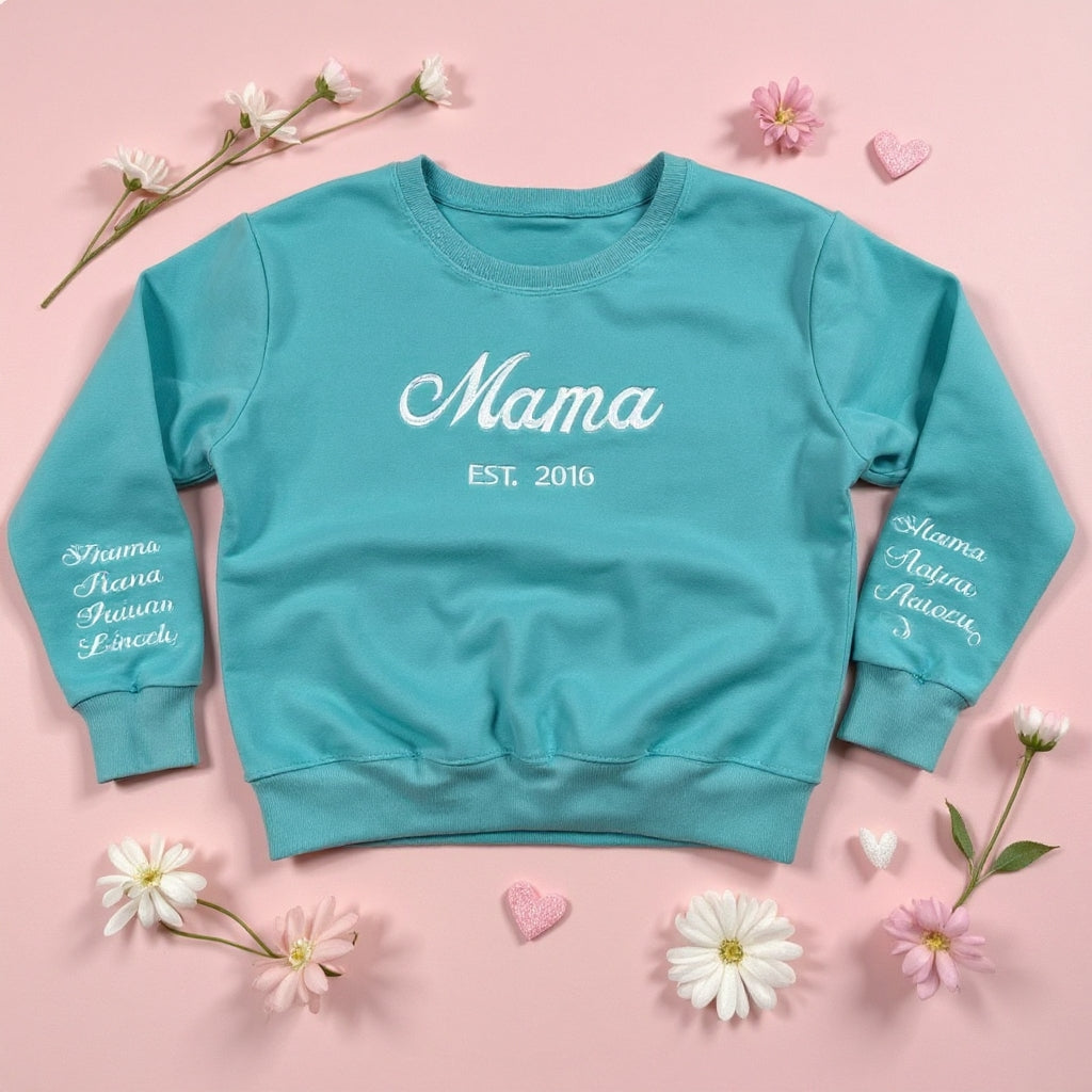 Custom Mama Embroidered Sweatshirt – Personalized Kids Names Sleeve &amp; Est. Year Crewneck