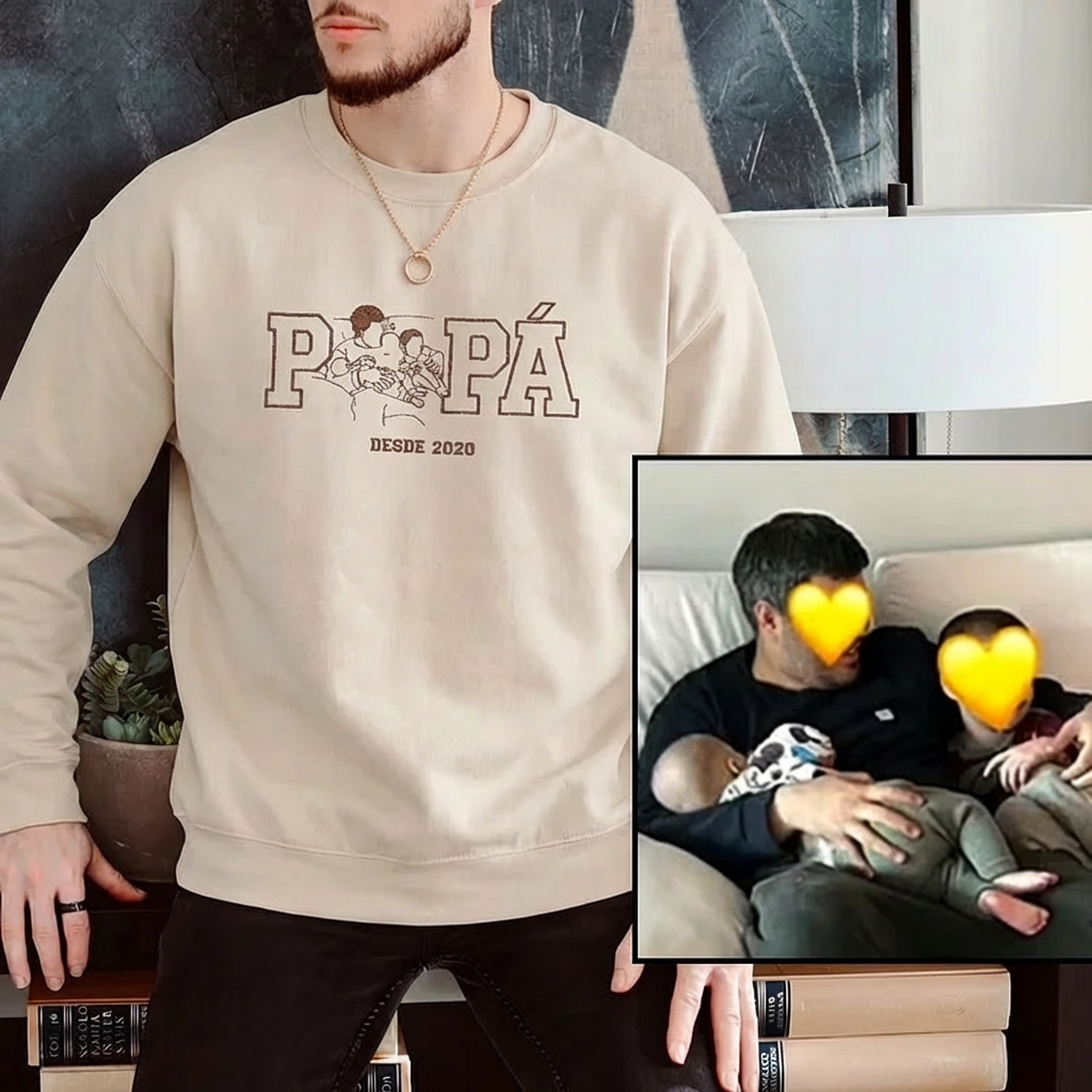 Custom Papa, Papi Portrait Sweatshirt, Personalised Embroidered Gift from Photo