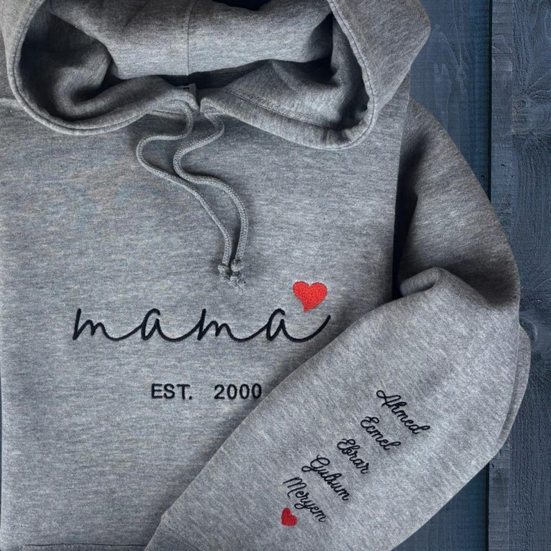 Custom Mama Hoodie with Heart – Personalized Kids Names Sleeve &amp; Est. Year Embroidered Sweatshirt