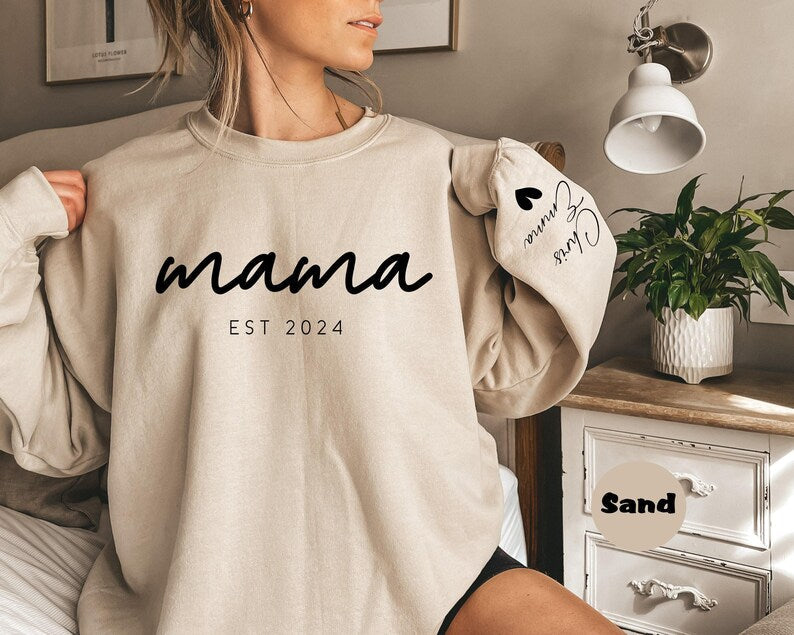 Personalized Mom and Est. Date Heat Transfer Print Sweatshirt with Kids Name on Sleeve | Mother&