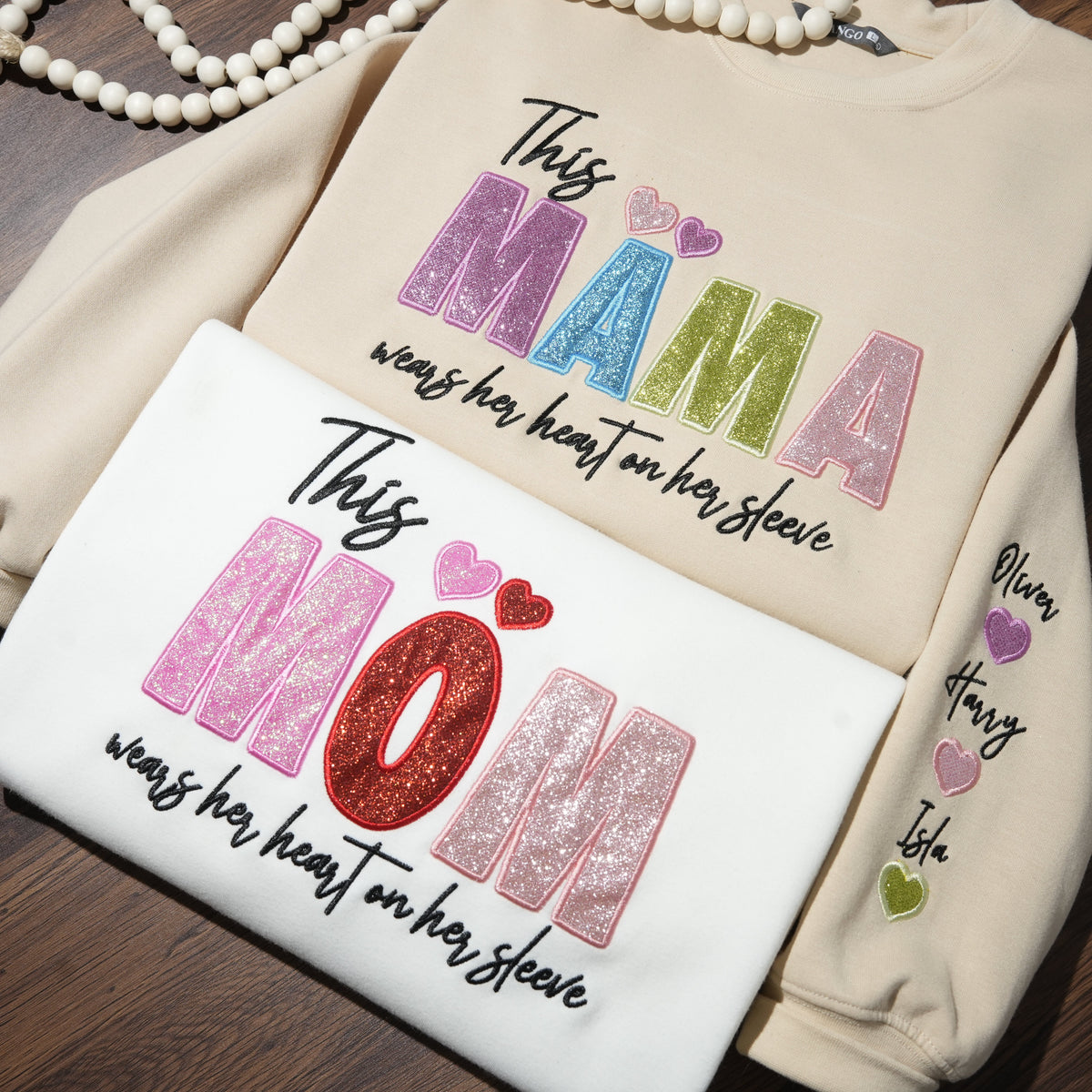 Custom Mama/Mom "Wear Heart on Her Sleeve" Sequin Sweatshirt with Kids&