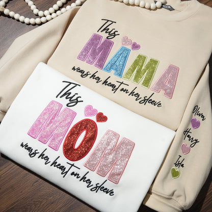 Custom Mama/Mom "Wear Heart on Her Sleeve" Sequin Sweatshirt with Kids&