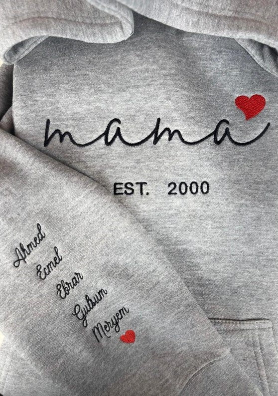Custom Mama Hoodie with Heart – Personalized Kids Names Sleeve &amp; Est. Year Embroidered Sweatshirt