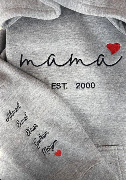 Custom Mama Hoodie with Heart – Personalized Kids Names Sleeve &amp; Est. Year Embroidered Sweatshirt