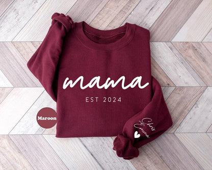 Personalized Mom and Est. Date Heat Transfer Print Sweatshirt with Kids Name on Sleeve | Mother&