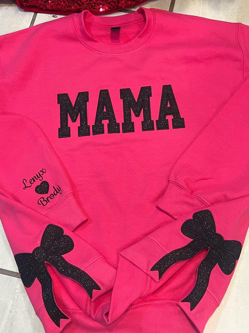 Custom Trendy and Cute Mama Embroidered Glitter Side Bow Sweatshirt | Mother&