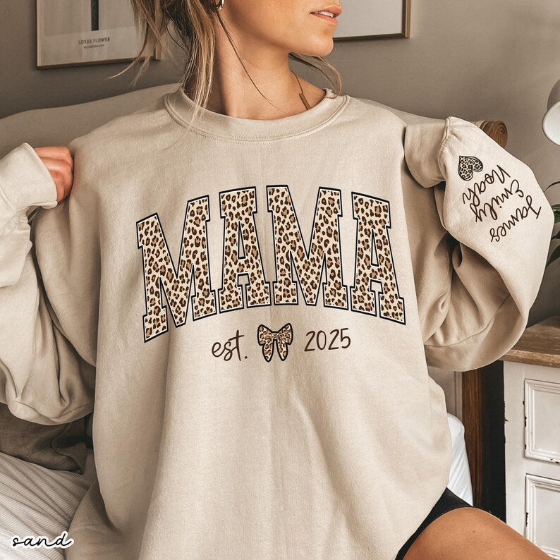 Custom Leopard Mama Heat Transfer Print Sweatshirt With Kid Name On Sleeve | Mother&