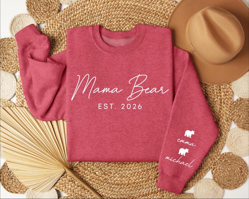 Custom Mama Bear Heat Transfer Print Sweatshirt With Kids Name On Sleeve | Mothers Day Gift