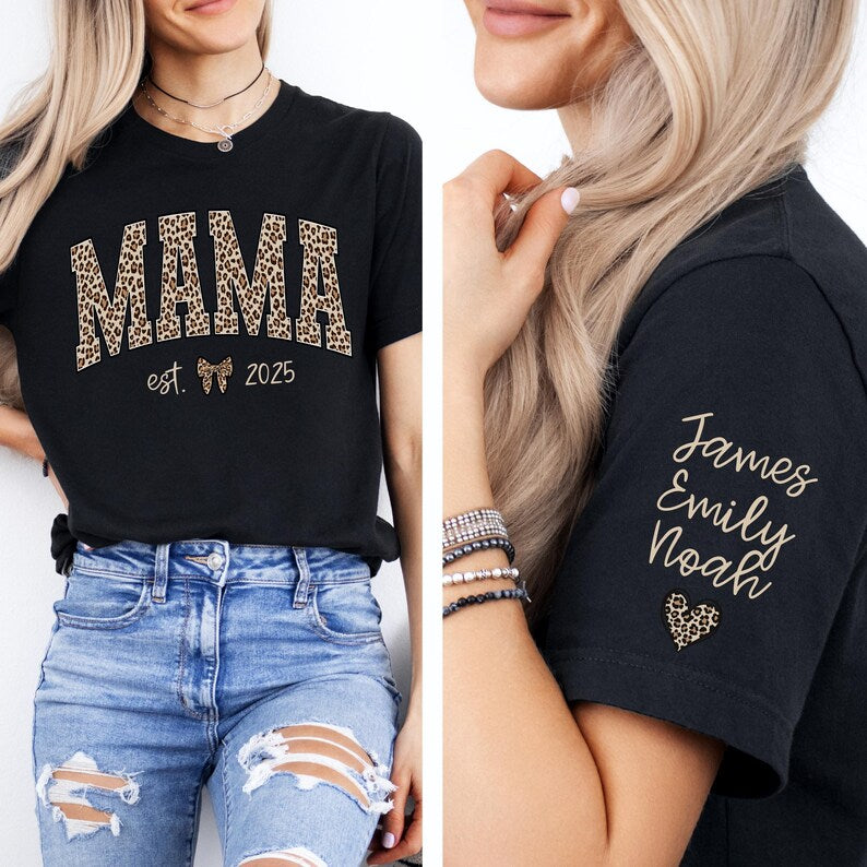 Custom Leopard Mama Heat Transfer Print Sweatshirt With Kid Name On Sleeve | Mother&