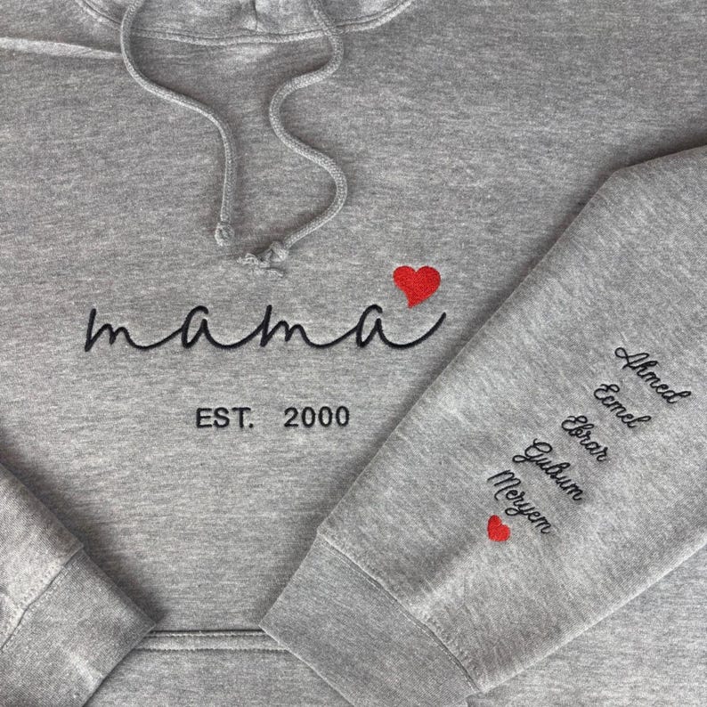 Custom Mama Hoodie with Heart – Personalized Kids Names Sleeve &amp; Est. Year Embroidered Sweatshirt