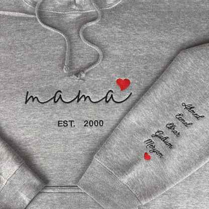 Custom Mama Hoodie with Heart – Personalized Kids Names Sleeve &amp; Est. Year Embroidered Sweatshirt