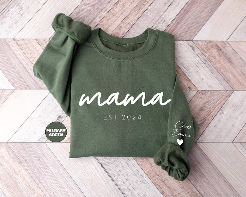 Personalized Mom and Est. Date Heat Transfer Print Sweatshirt with Kids Name on Sleeve | Mother&